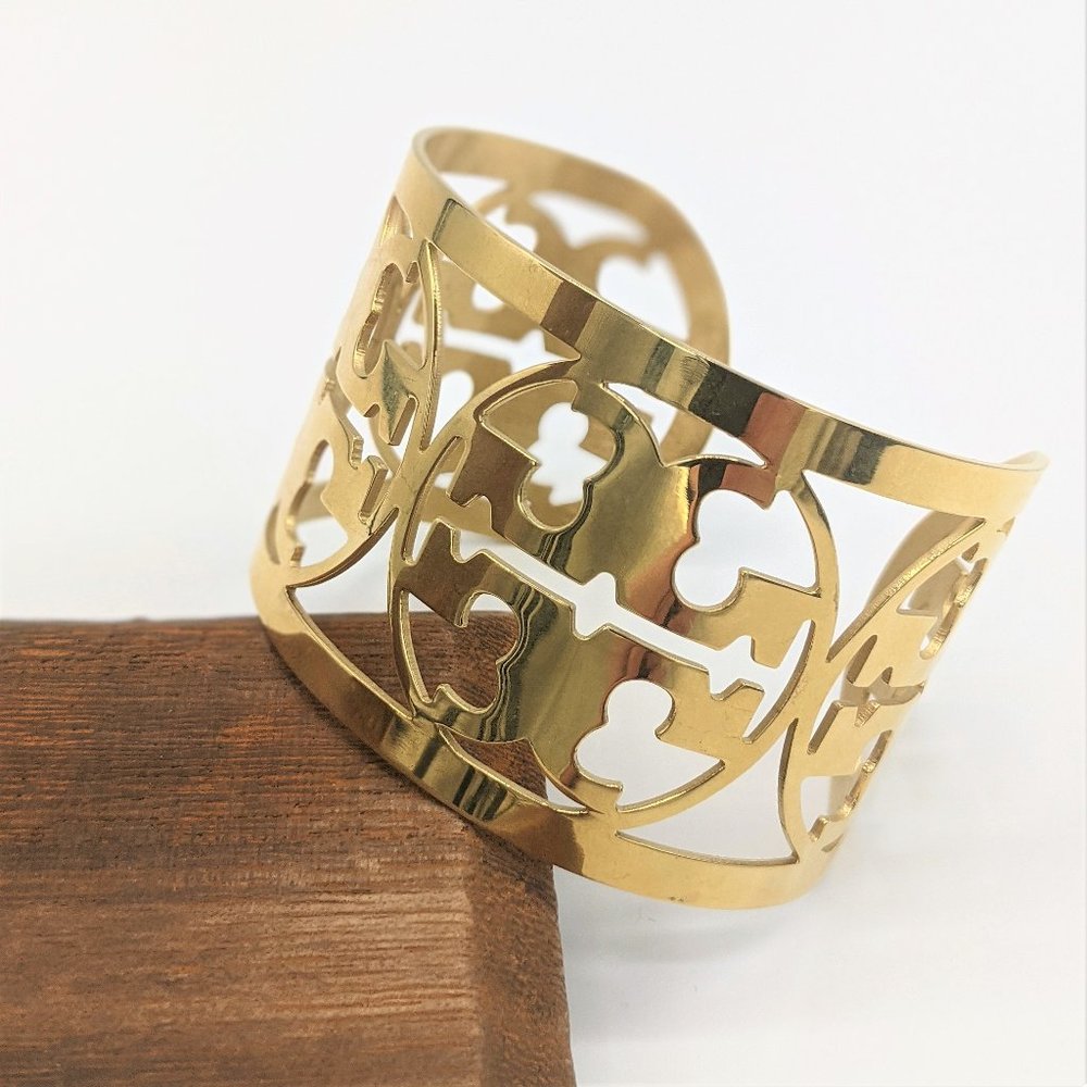 Tory Burch Gold Tone Wide Cuff Logo Bracelet
